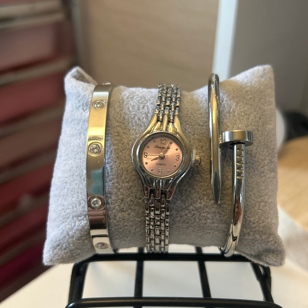 Luxury Silver Watch & Bracelets Stack